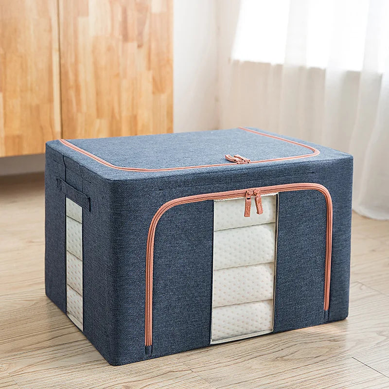 Blue storage box with pink zipper on a wooden floor