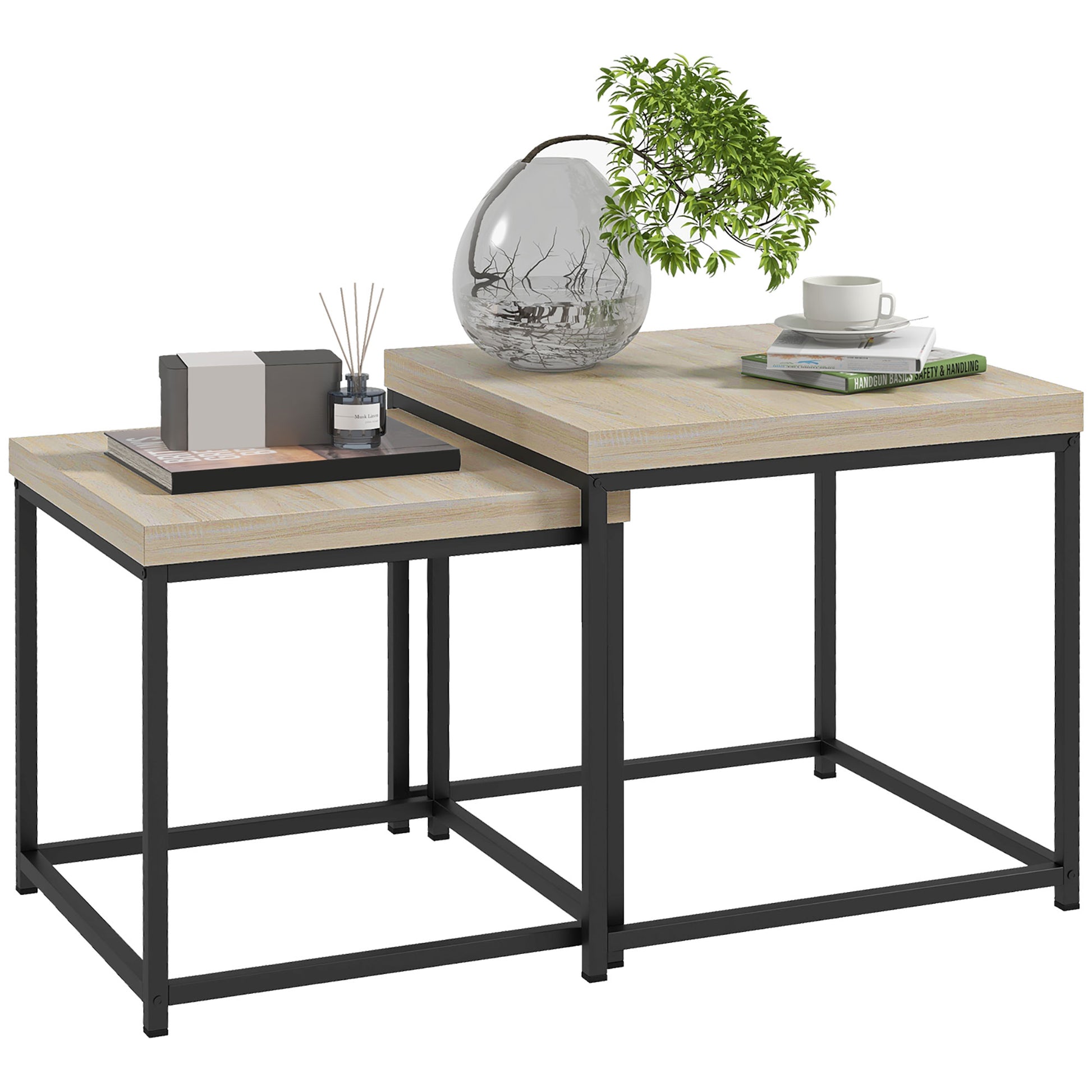 Two wooden tables with black metal frames on a white background