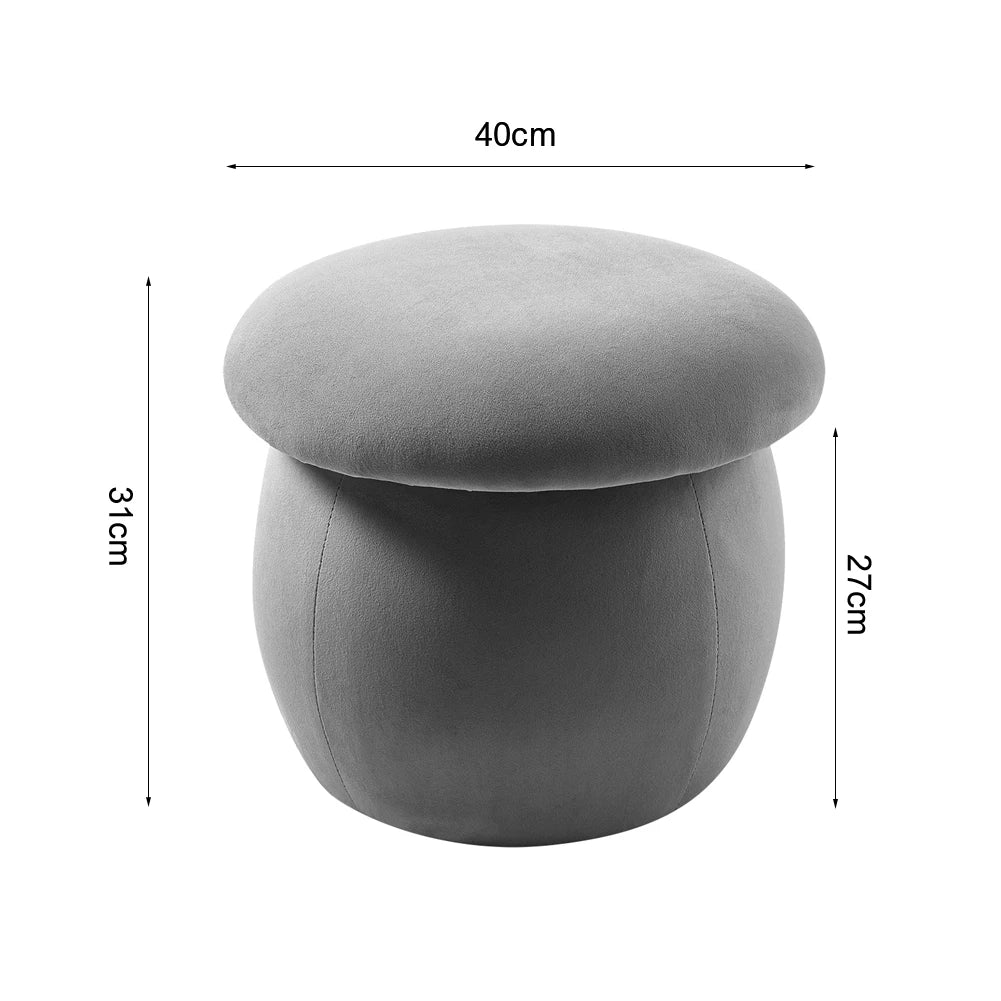 Gray mushroom-shaped ottoman with dimensions on a white background