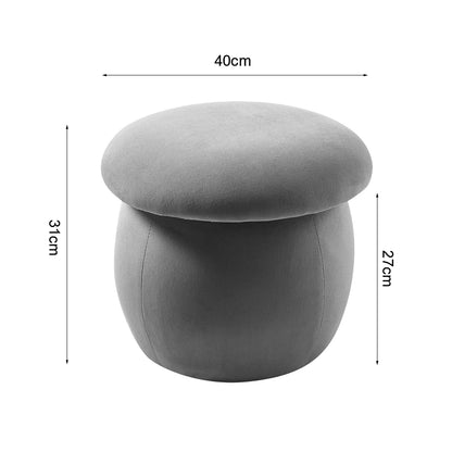 Gray mushroom-shaped ottoman with dimensions on a white background