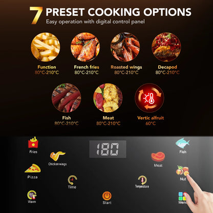 Digital control panel with 7 preset cooking options on a dark background