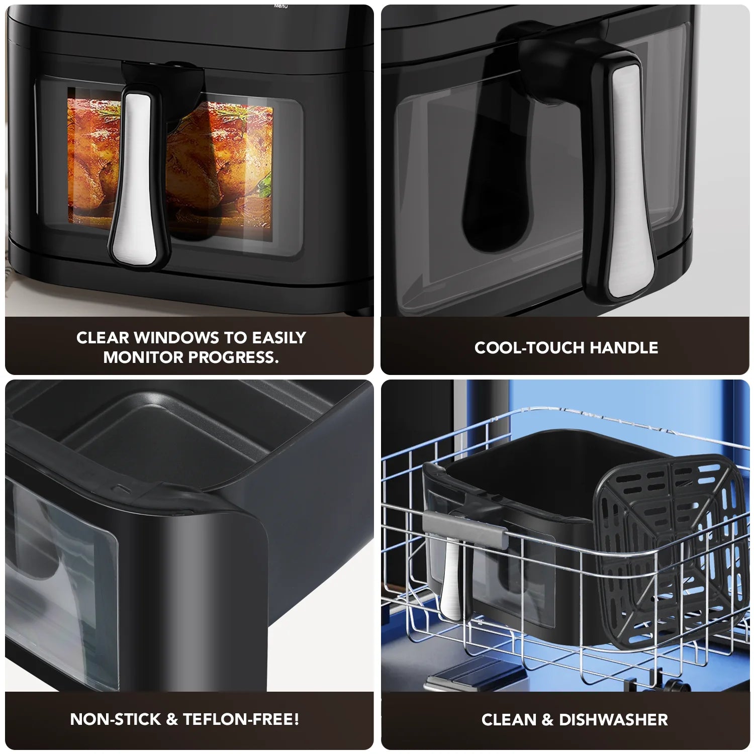Collage of a kitchen appliance with features highlighted, including clear windows, cool-touch handle, non-stick surface, and dishwasher safe design.