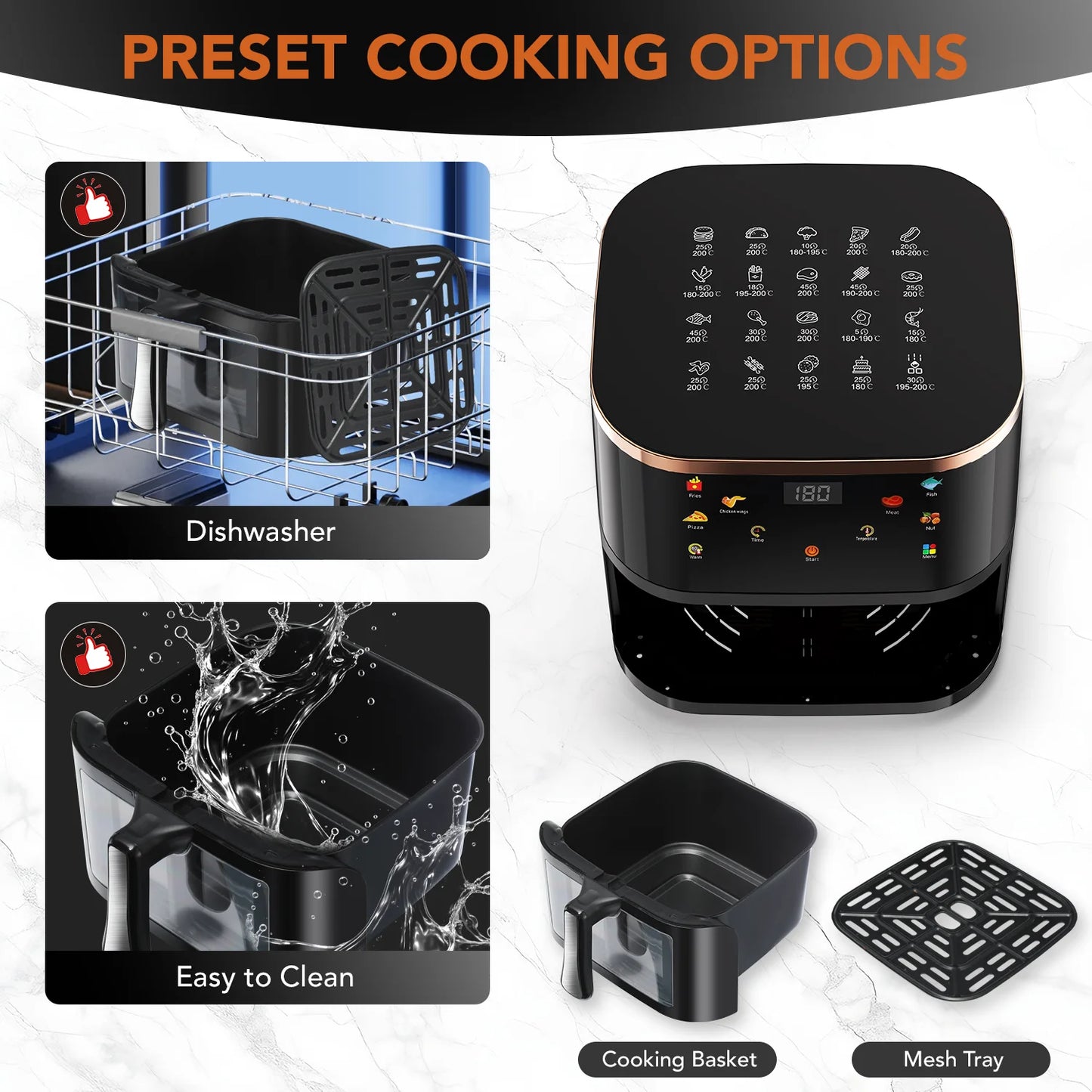 Black kitchen appliance with preset cooking options and accessories on a white background