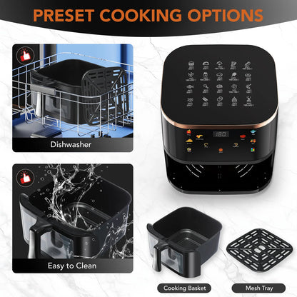 Black kitchen appliance with preset cooking options and accessories on a white background