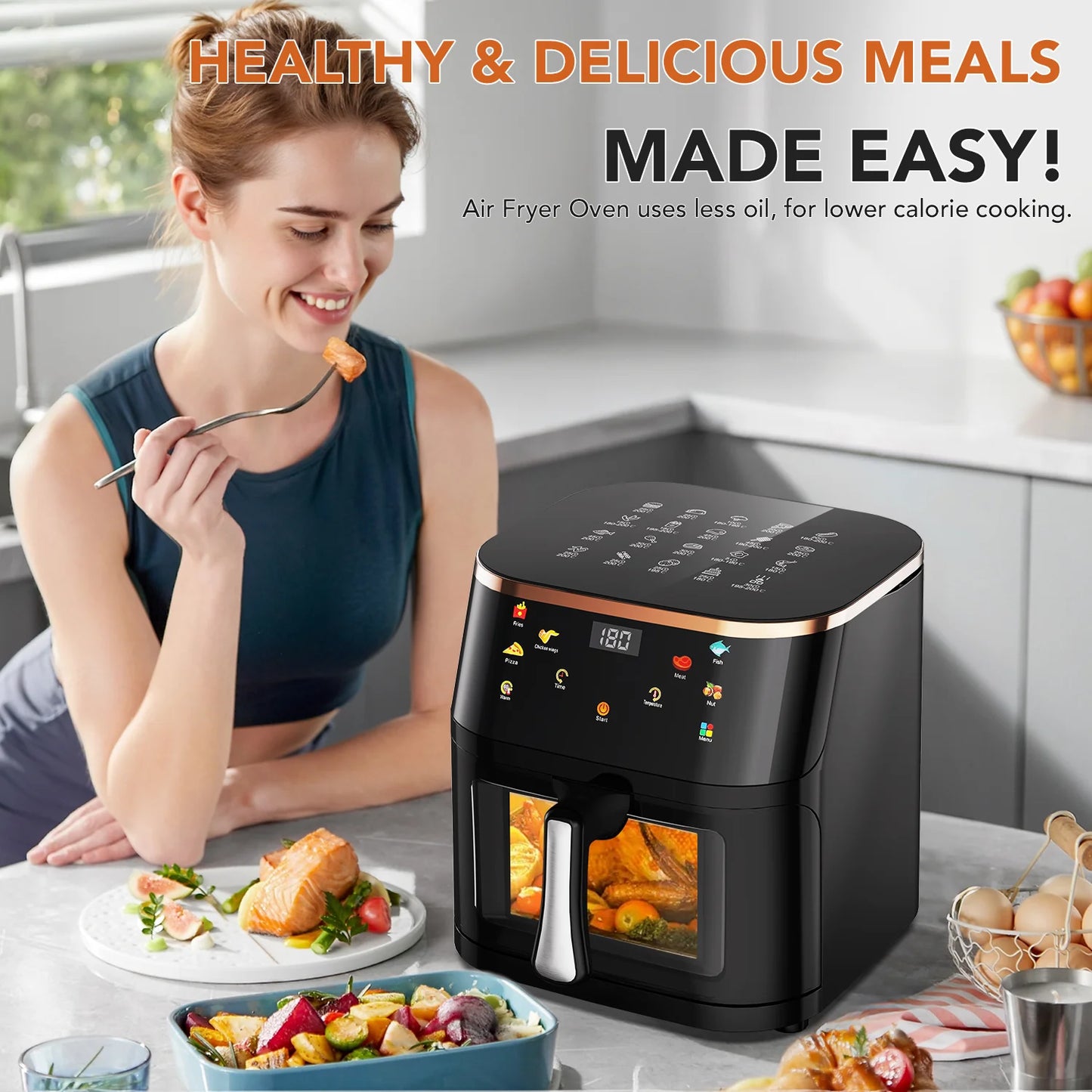 Woman enjoying a meal next to an air fryer with text about healthy and delicious meals.