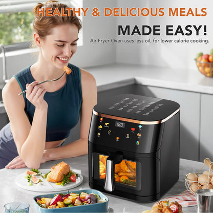Woman enjoying a meal next to an air fryer with text about healthy and delicious meals.
