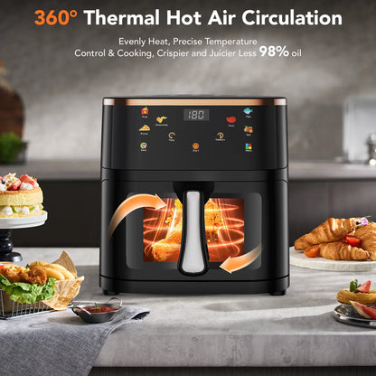 Black air fryer with digital display on a kitchen counter, surrounded by food items.