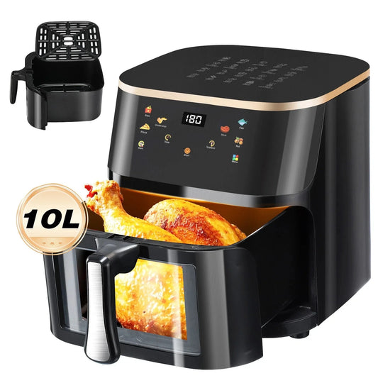 Black air fryer with digital display and chicken legs inside, showing 10L capacity.