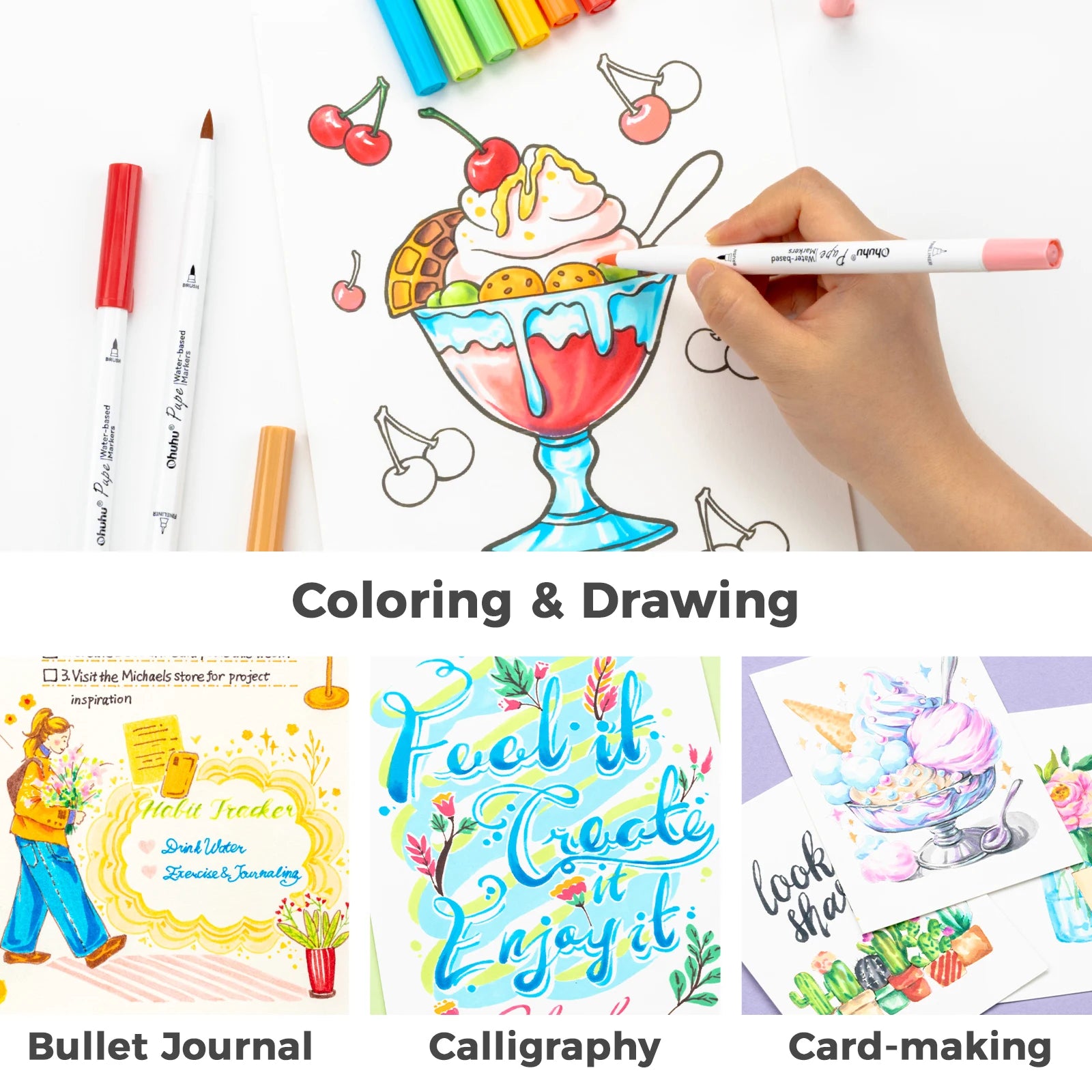Coloring and drawing activities with markers, illustrations, and text on a white background.