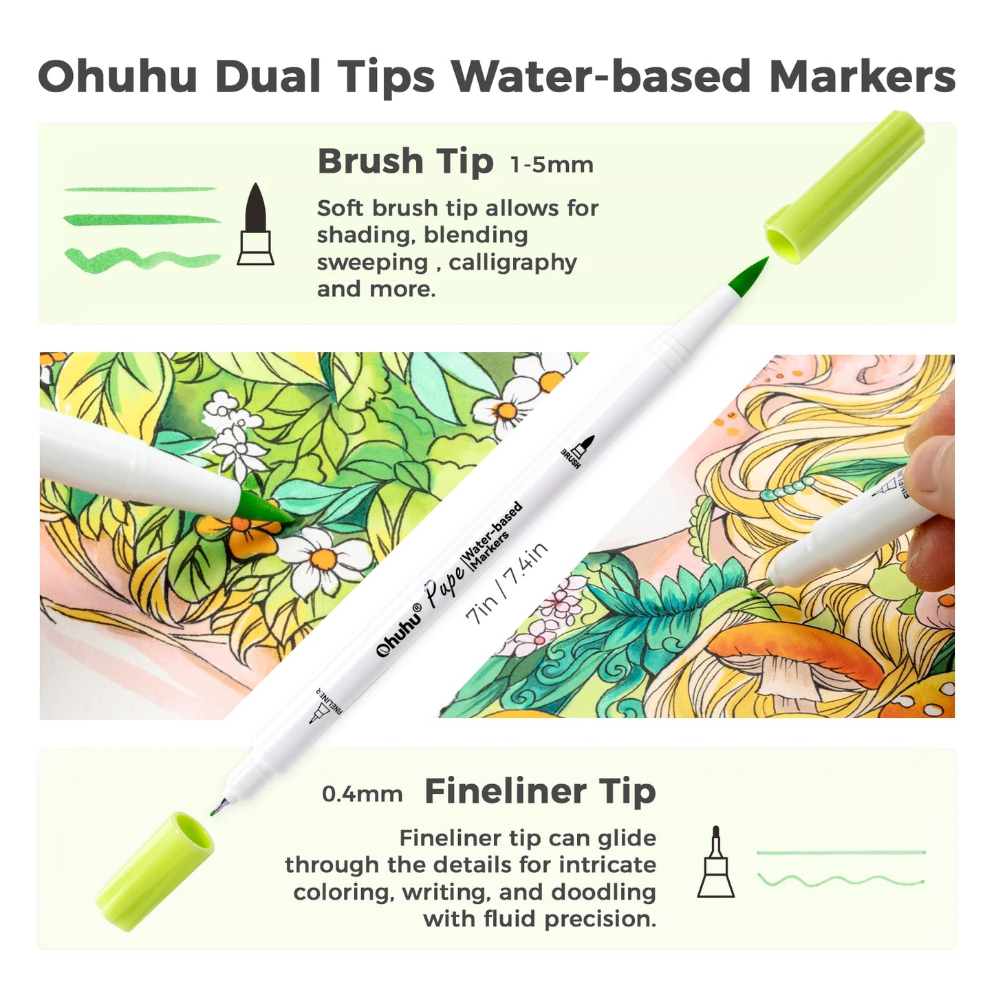 Ohuhu Dual Tips Water-based Markers with brush and fineliner tips on a colorful background.