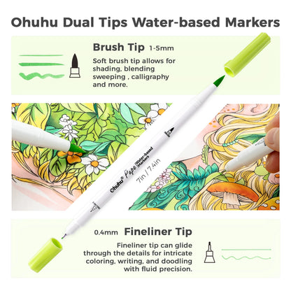 Ohuhu Dual Tips Water-based Markers with brush and fineliner tips on a colorful background.