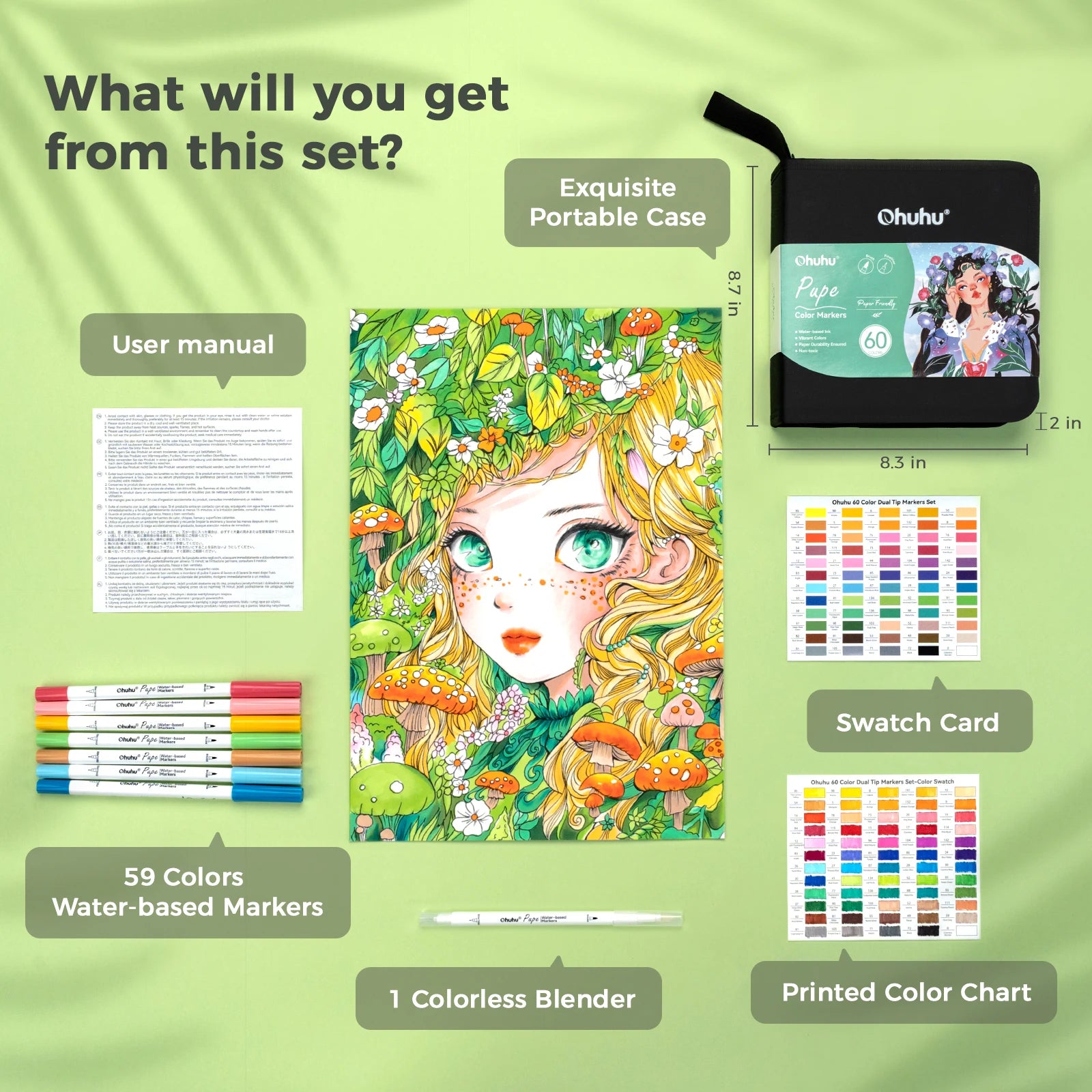Set of art supplies including markers, a case, and color charts on a green background