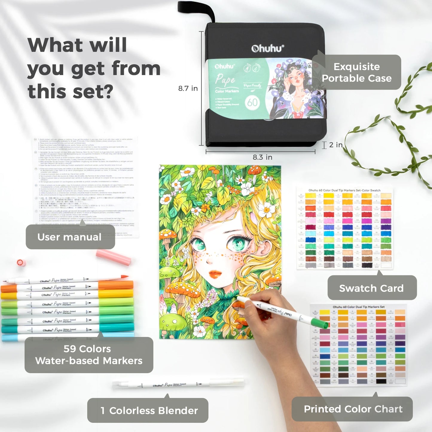 Set of markers with a coloring book, case, and color swatch card on a white background.