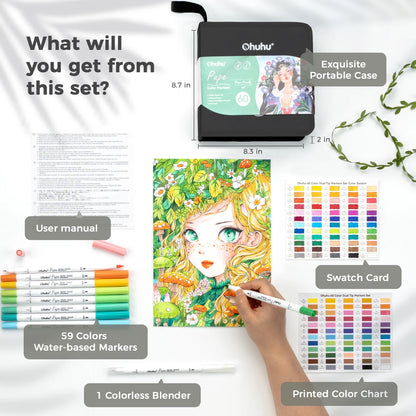 Set of markers with a coloring book, case, and color swatch card on a white background.