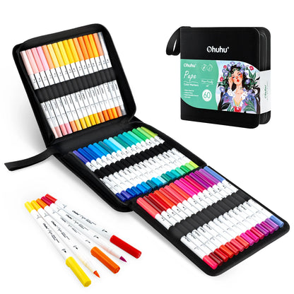 Set of colorful markers in a black case with a small pack labeled 'Ohuhu' on a white background.