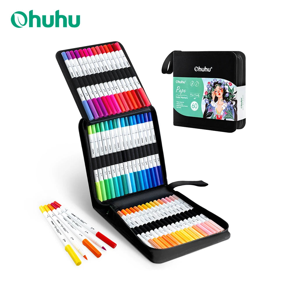 Set of Ohuhu markers in a case with a close-up of the markers on a white background.