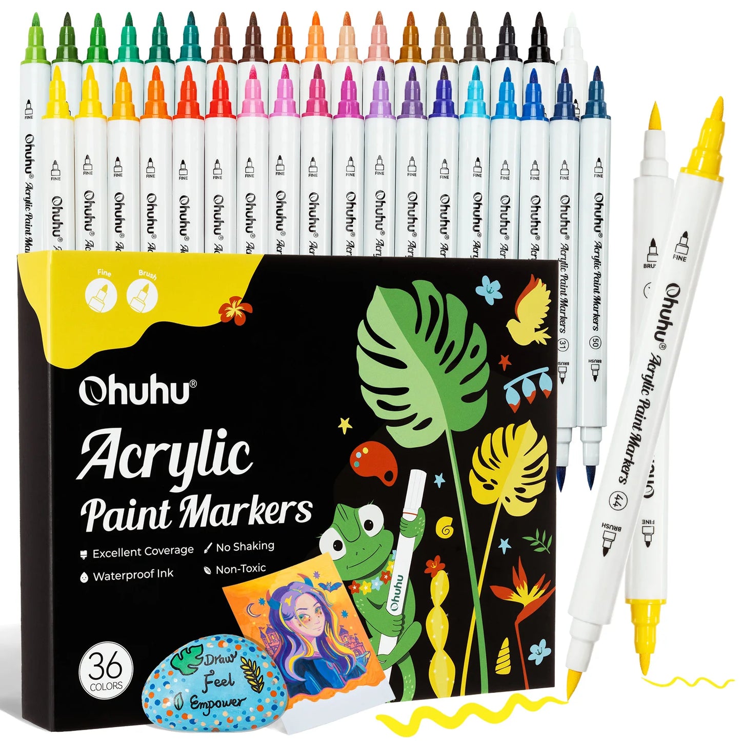 Set of Ohuhu acrylic paint markers with packaging featuring a frog and plants illustration.
