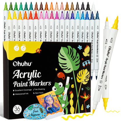 Set of Ohuhu acrylic paint markers with packaging featuring a frog and plants illustration.