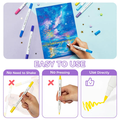 Coloring book with a hand using markers, surrounded by markers and decorative elements on a light blue background.