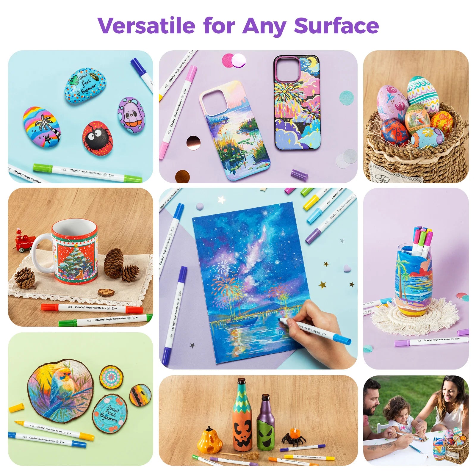 Collage of various art projects using markers on different surfaces with text 'Versatile for Any Surface'.
