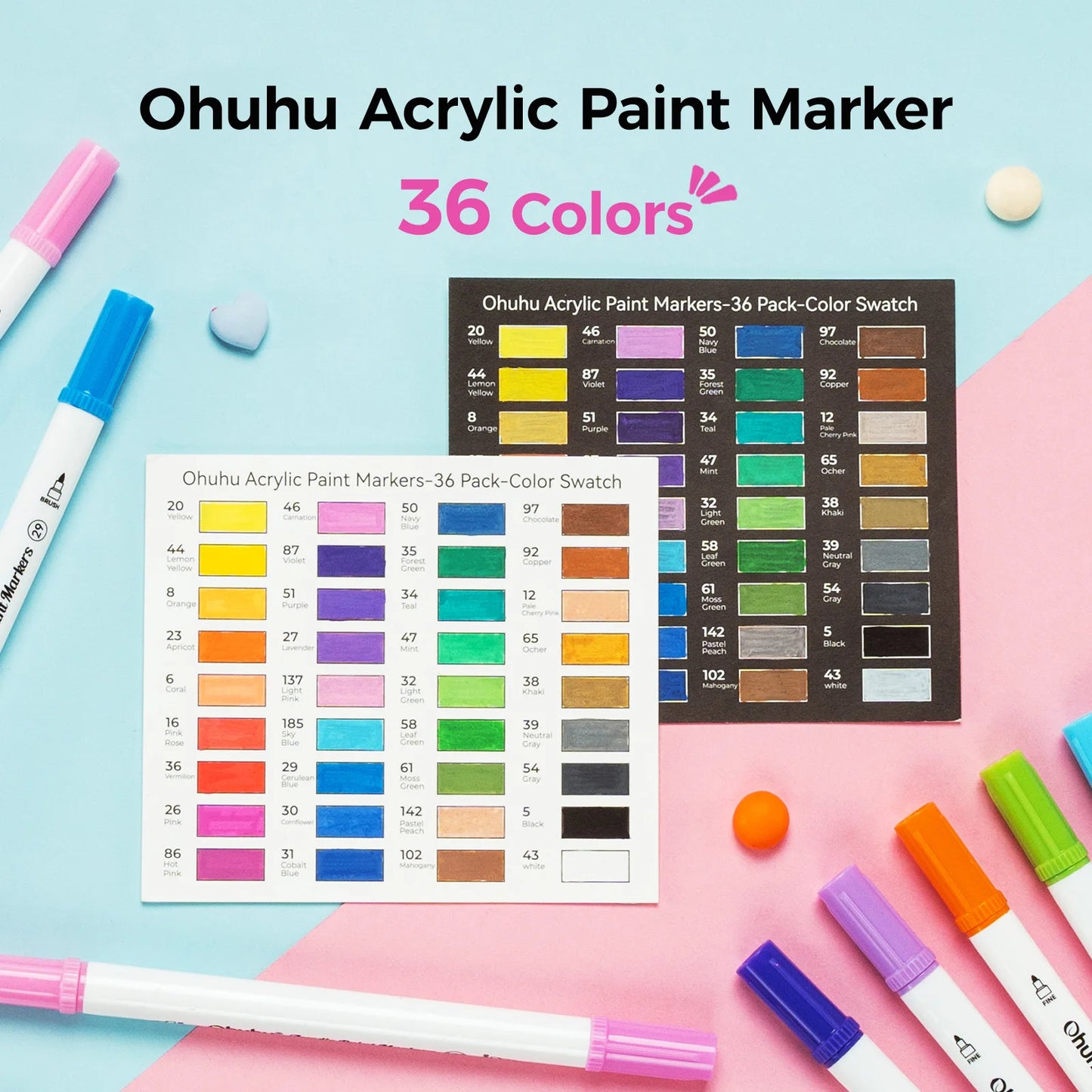 Ohuhu Acrylic Paint Marker set with color swatches on a colorful background