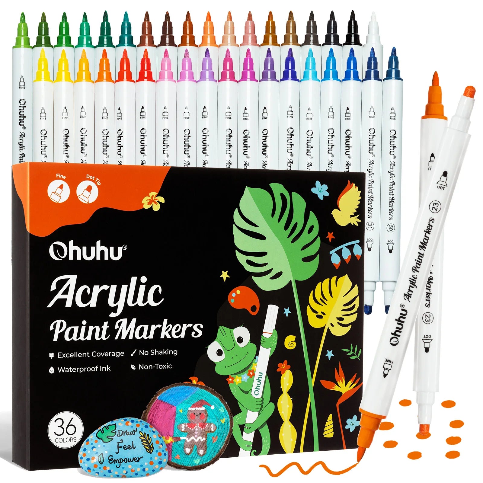 Ohuhu acrylic paint markers set with packaging featuring a frog and plants illustration.