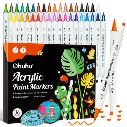 Ohuhu acrylic paint markers set with packaging featuring a frog and plants illustration.