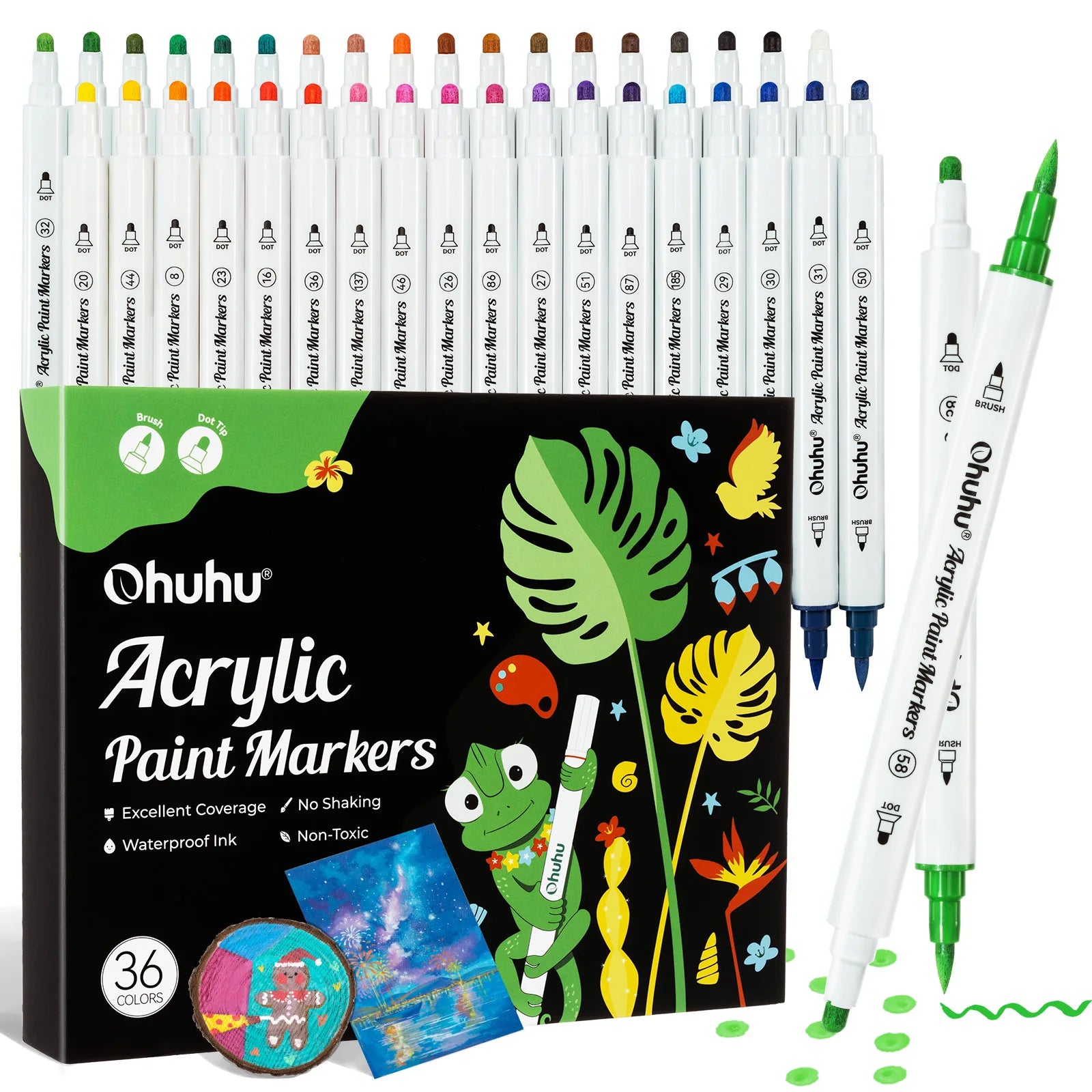 Set of acrylic paint markers with a box featuring colorful illustrations and branding.