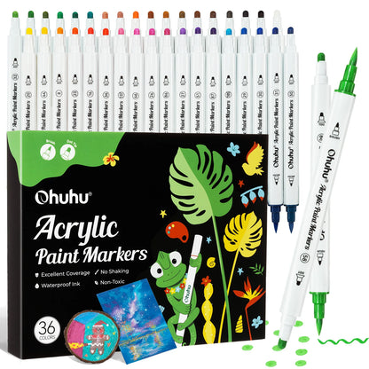 Set of acrylic paint markers with a box featuring colorful illustrations and branding.