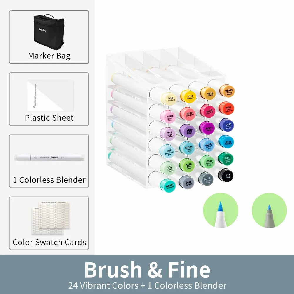 Set of markers with accessories on a white background