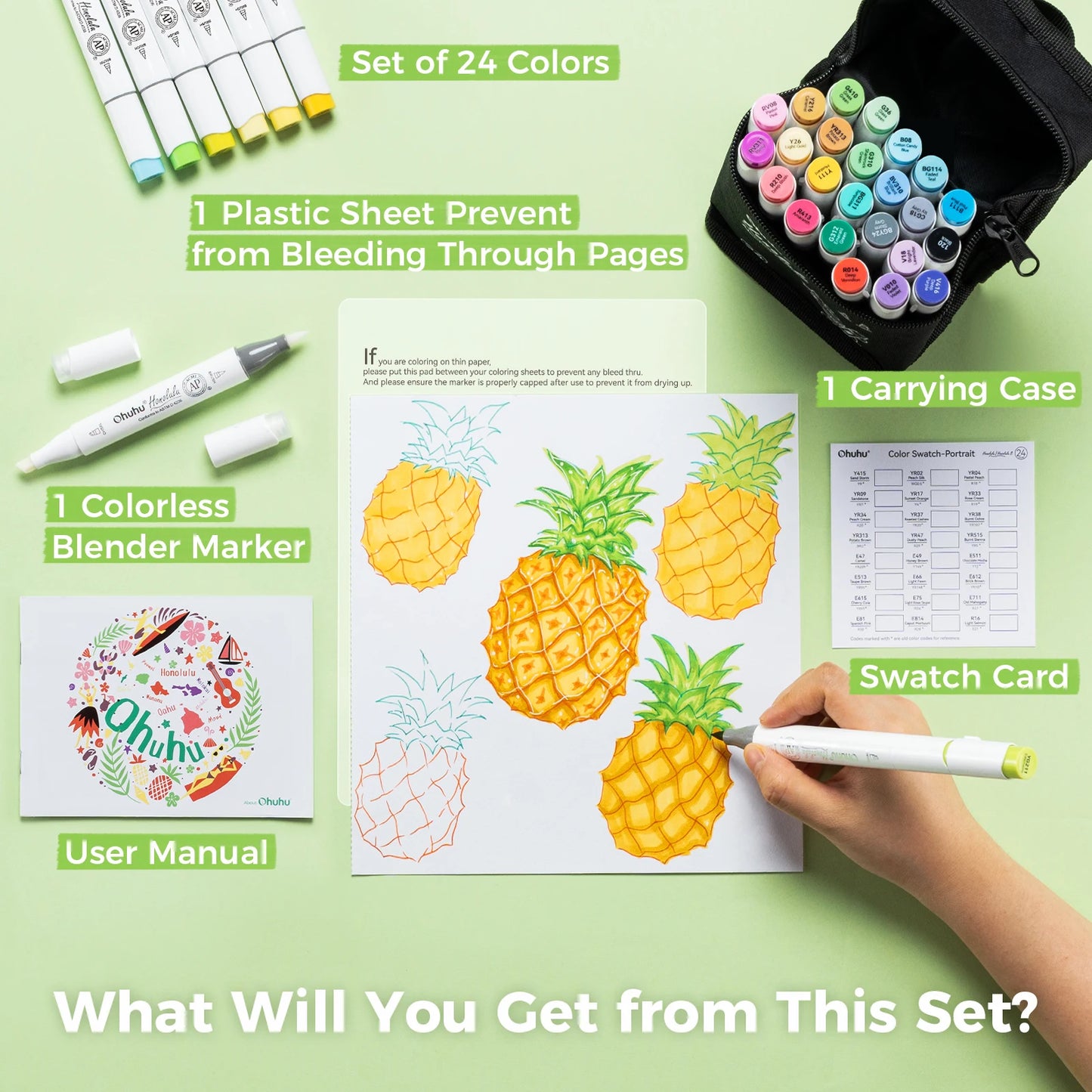 Set of markers with accessories on a green background