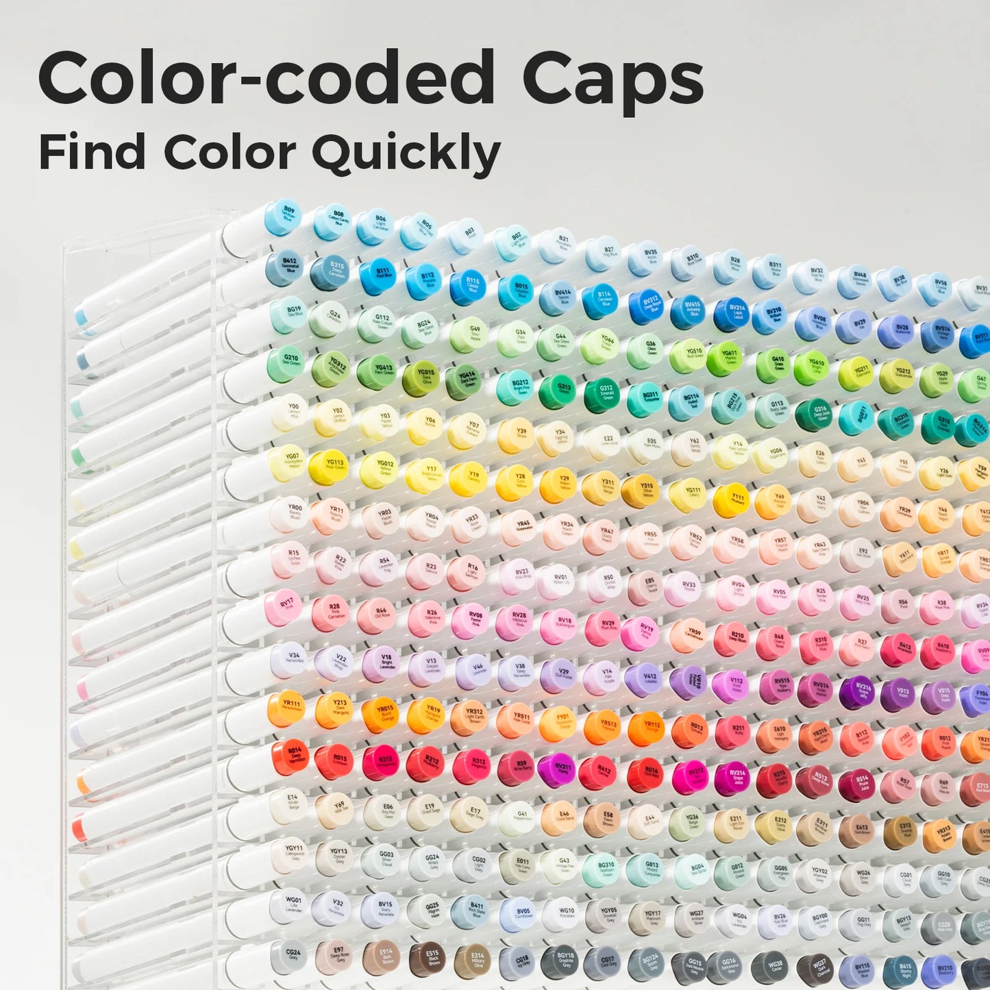 Color-coded caps arranged in a grid on a white background with text 'Color-coded Caps Find Color Quickly'.