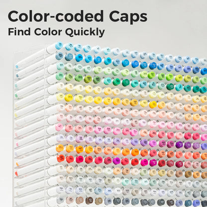 Color-coded caps arranged in a grid on a white background with text 'Color-coded Caps Find Color Quickly'.