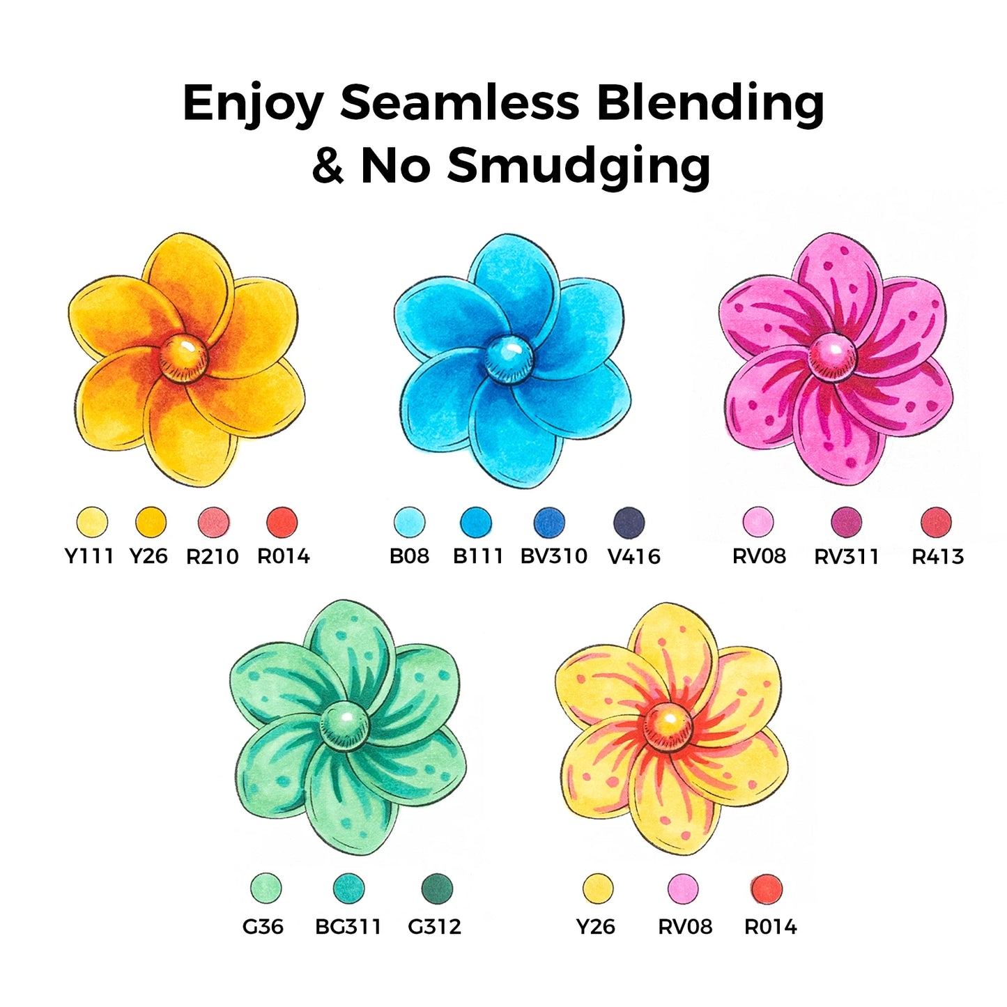 Color swatches of flowers with color codes on a white background