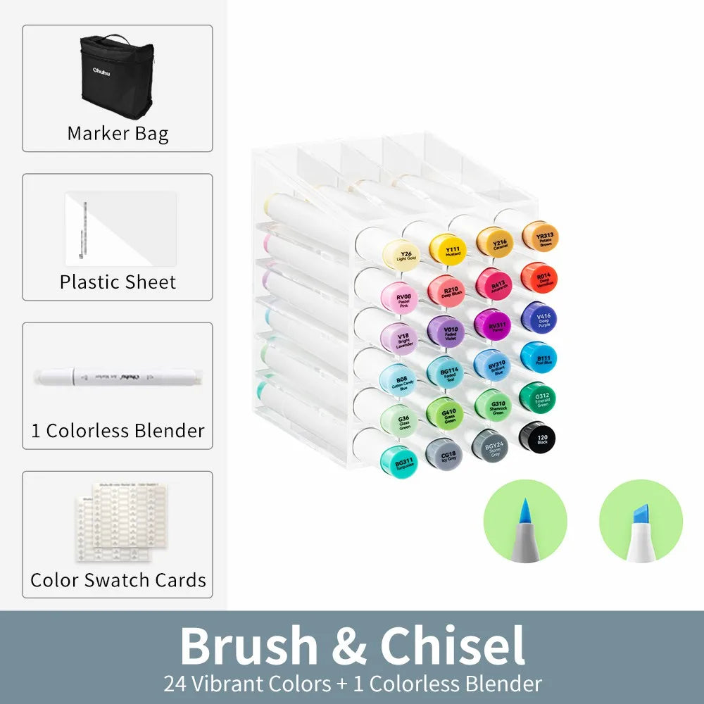 Set of markers with accessories on a white background