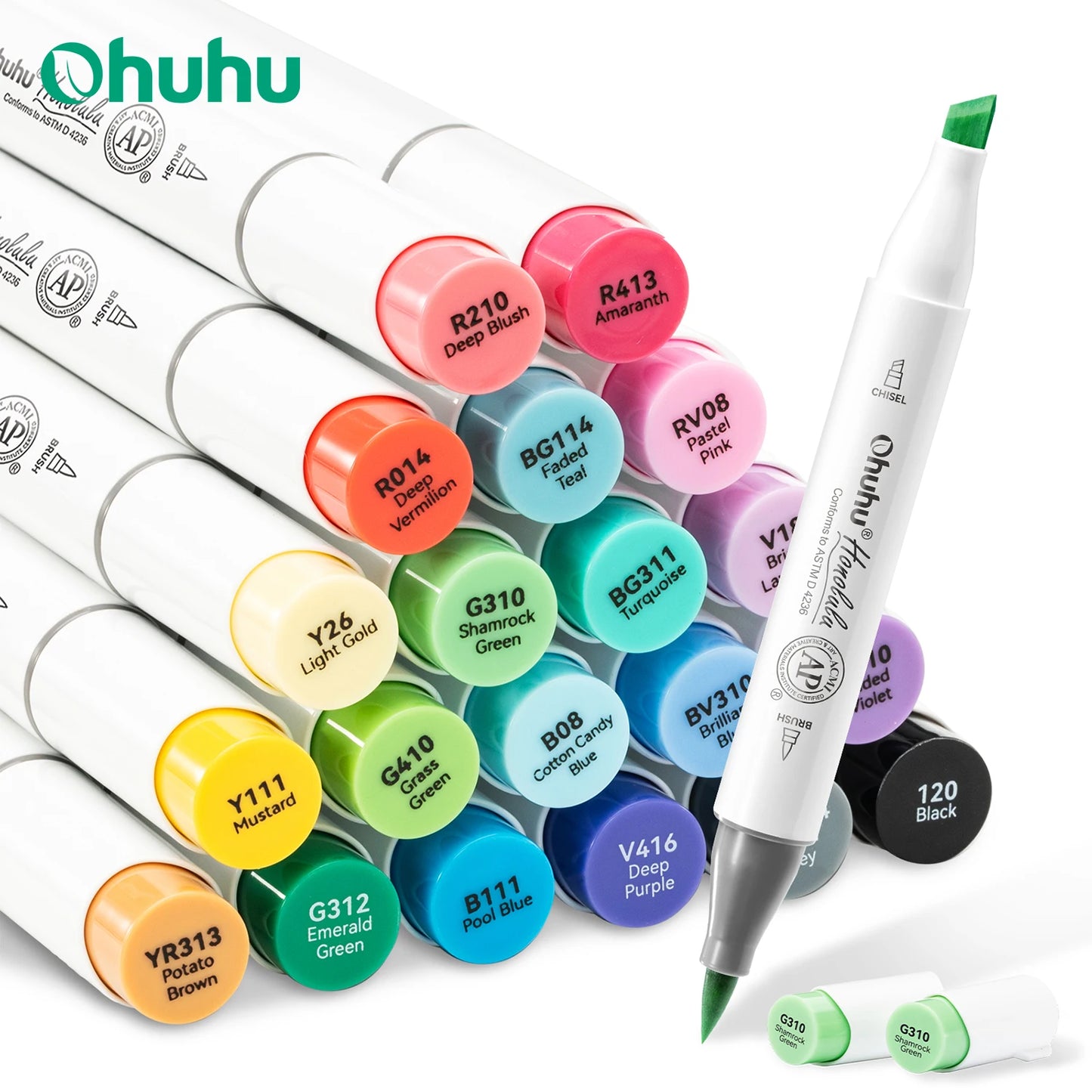 Set of Ohuhu markers with color names on caps on a white background