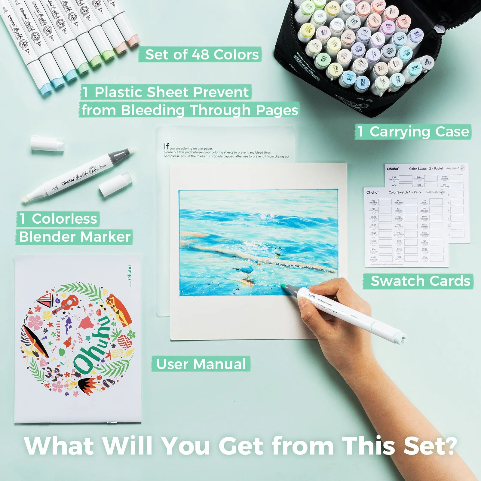 Set of markers with accessories on a light blue background