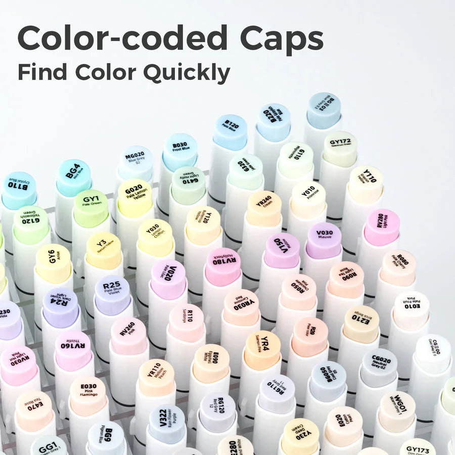 Color-coded markers with caps labeled for quick color identification on a white background.