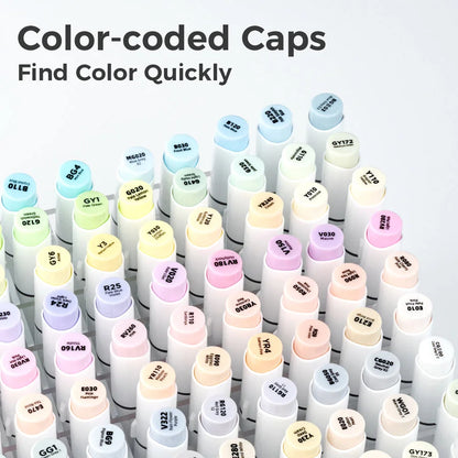 Color-coded markers with caps labeled for quick color identification on a white background.