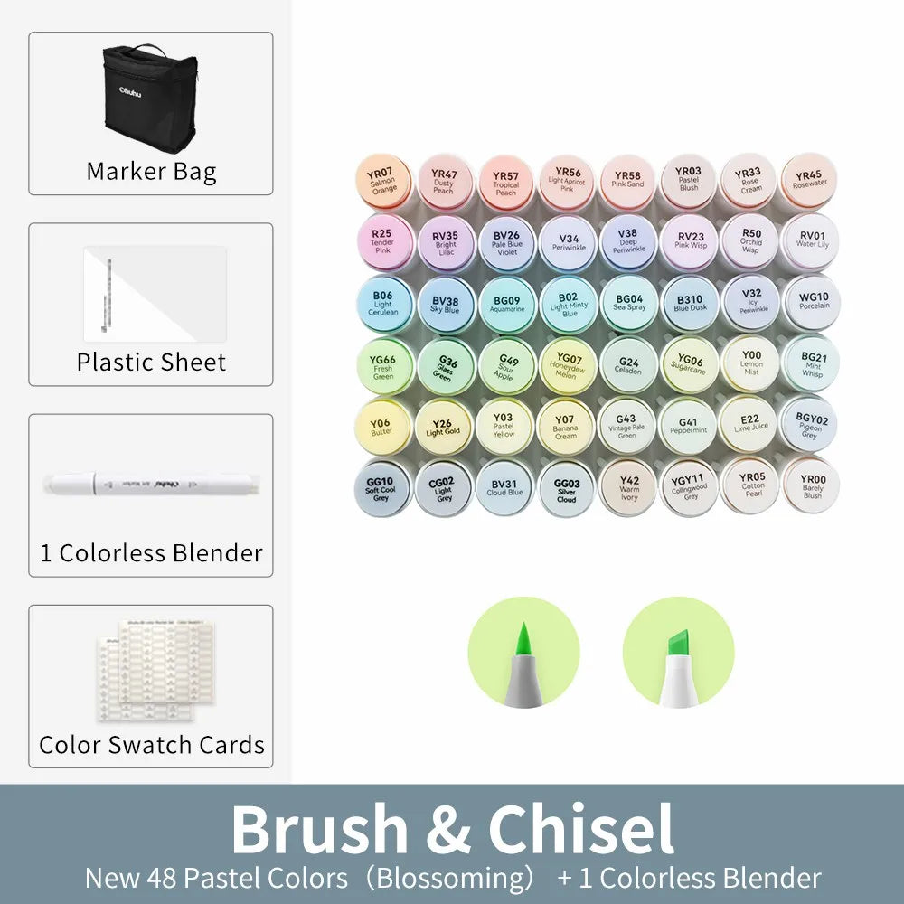 Collection of pastel markers with a marker bag, plastic sheet, colorless blender, and color swatch cards on a white background.