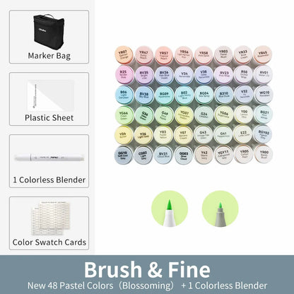 Collection of markers with a marker bag, plastic sheet, colorless blender, and color swatch cards on a white background.