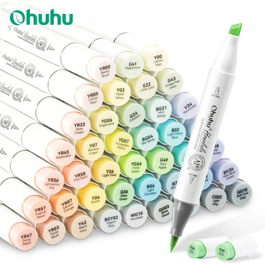 Set of Ohuhu markers with various colors and a white marker on a white background