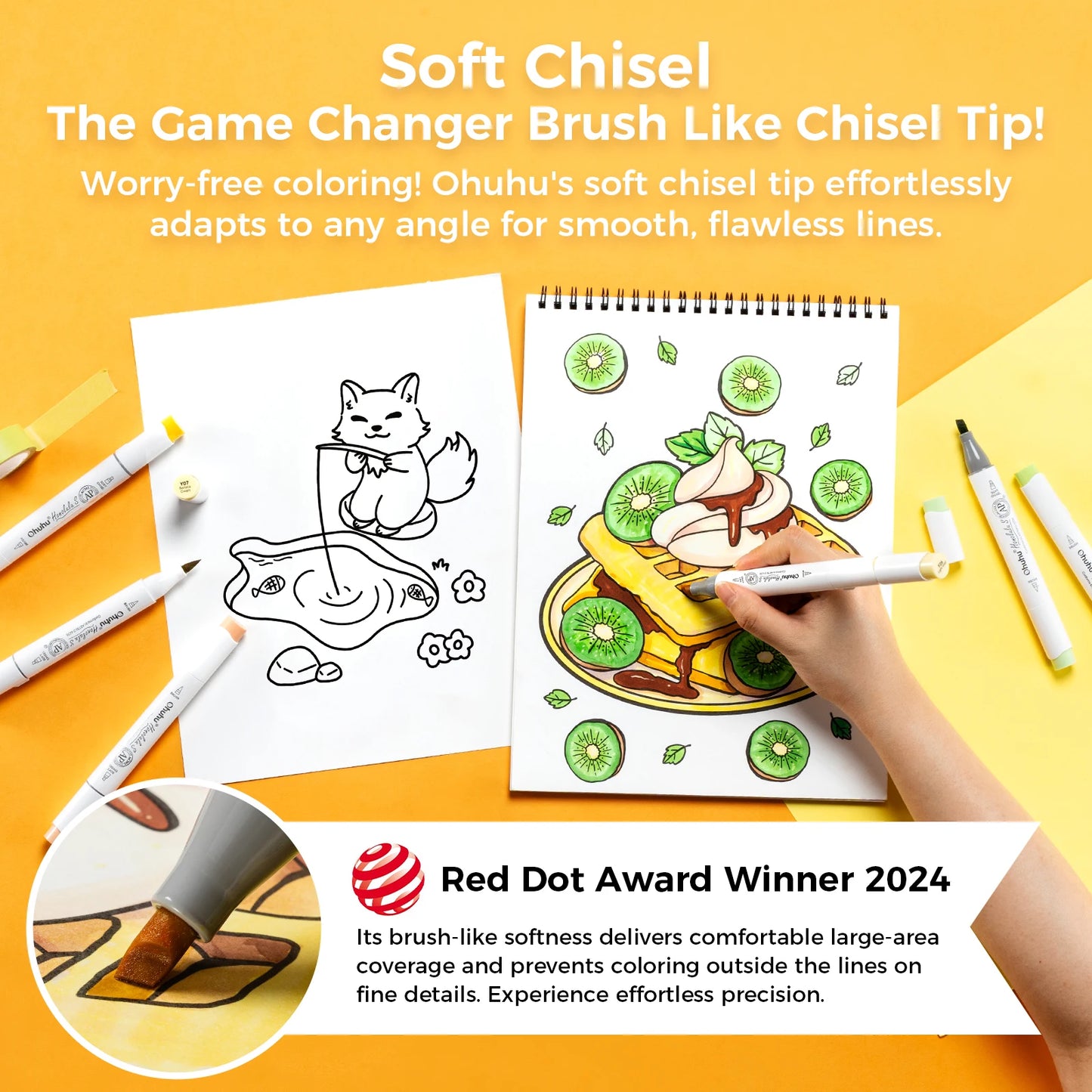 Coloring book with illustrations and markers on a yellow background, featuring Soft Chisel product details.