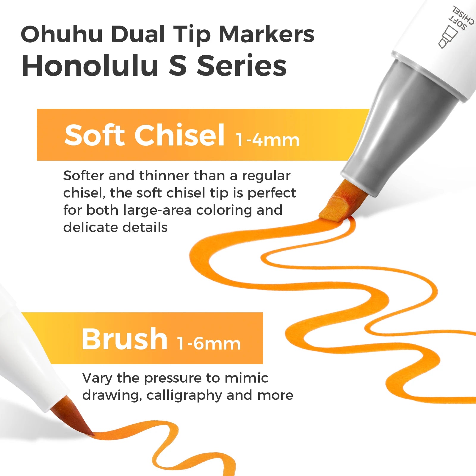 Ohuhu Dual Tip Markers Honolulu S Series with soft chisel and brush tips on a white background