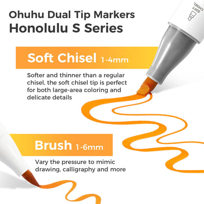 Ohuhu Dual Tip Markers Honolulu S Series with soft chisel and brush tips on a white background