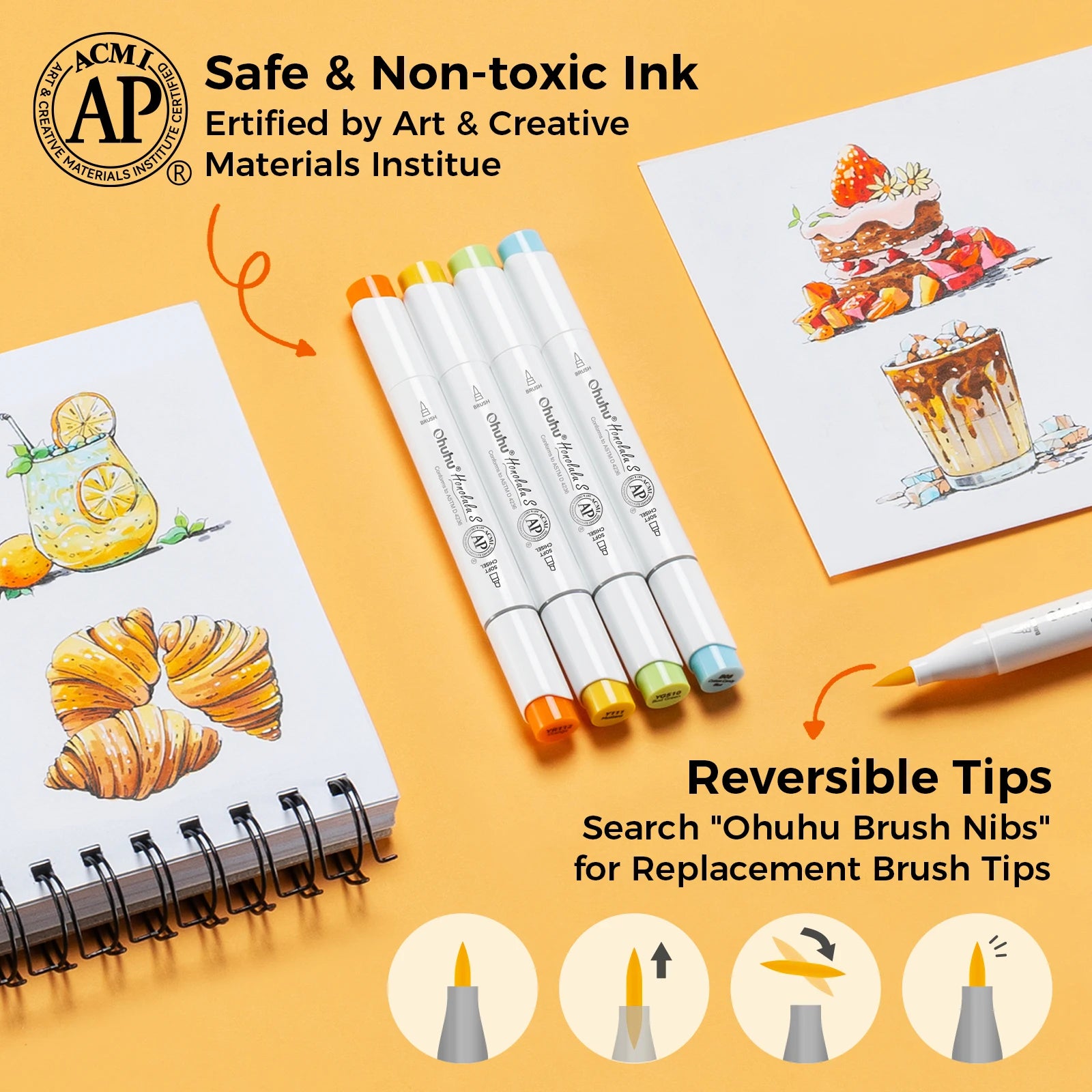 Set of markers with reversible tips on a yellow background, featuring illustrations of food.