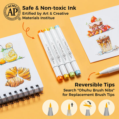 Set of markers with reversible tips on a yellow background, featuring illustrations of food.