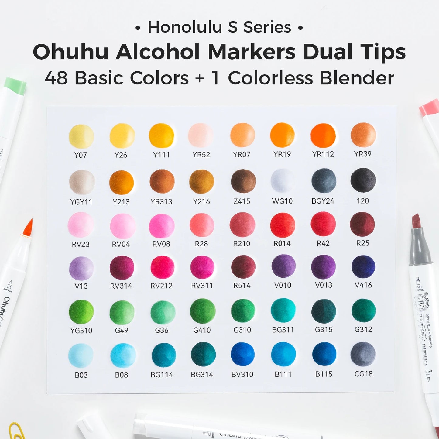 Color chart for Ohuhu Alcohol Markers with dual tips, featuring 48 basic colors and 1 colorless blender.