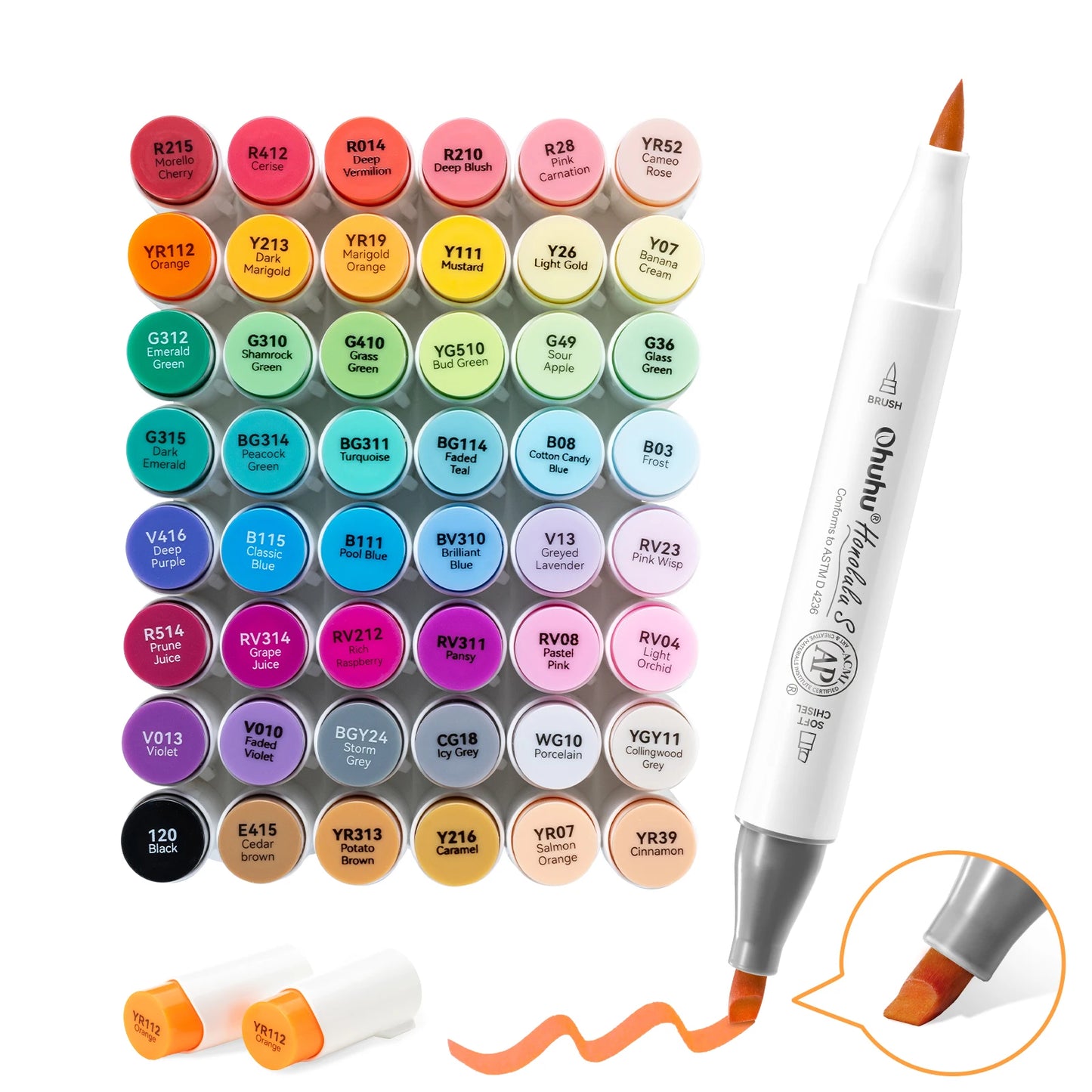 Set of colorful markers with a white marker showing color application on a white background
