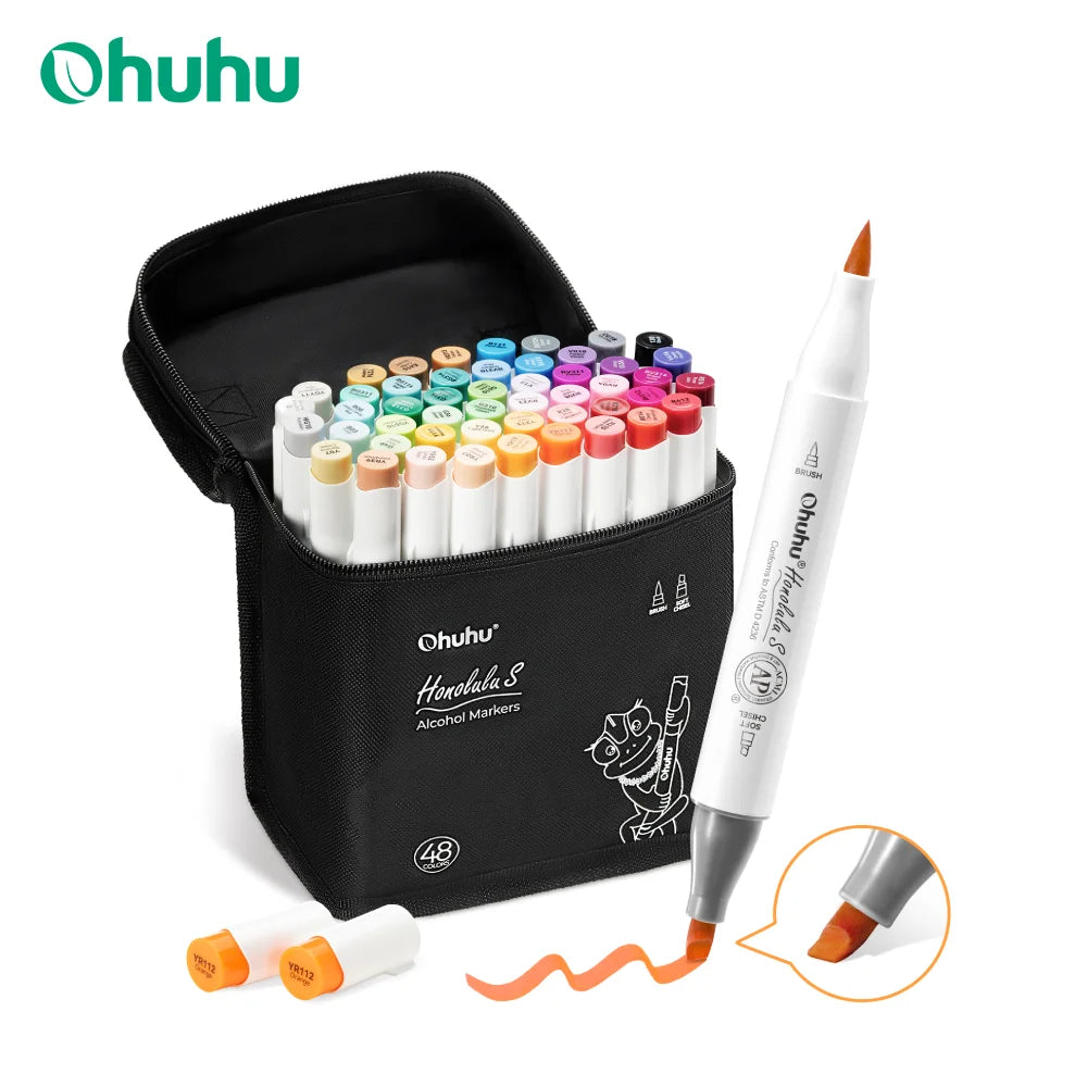 Ohuhu marker set with black case and markers on a white background